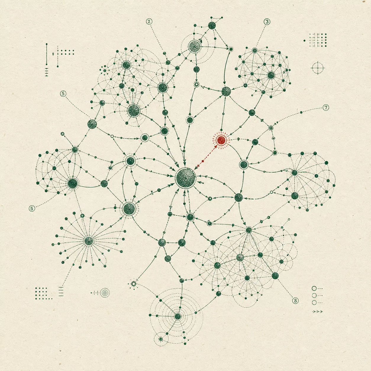 A forest-green prerequisite graph with branching concept clusters and one vermilion node, printed on warm paper.