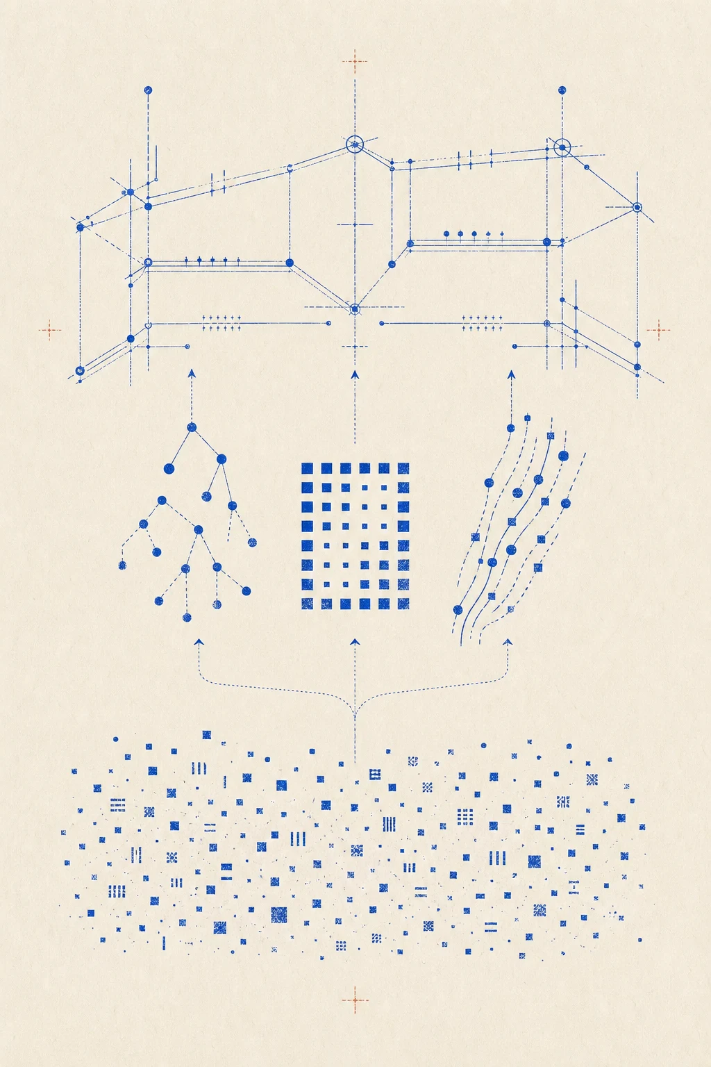 Scattered cobalt observations resolve into a graph, matrix, and sequence, then feed into a precise open framework on warm paper.