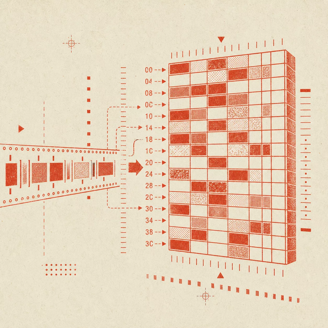 A vermilion packet stream entering a numbered memory grid, rendered like an archival technical print.