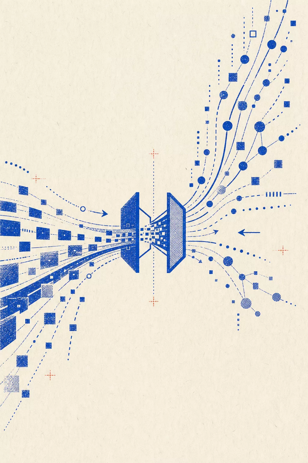 Two grainy cobalt data streams pass in opposite directions through a central synchronization checkpoint.