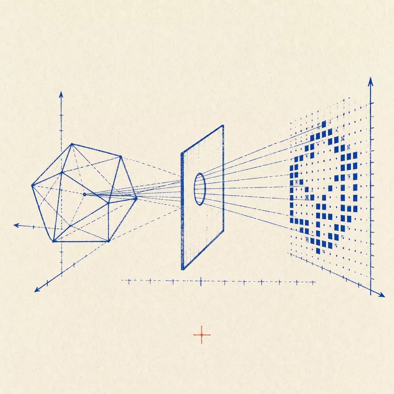 A cobalt wireframe polyhedron projected through a plane into a coarse pixel field on warm paper.